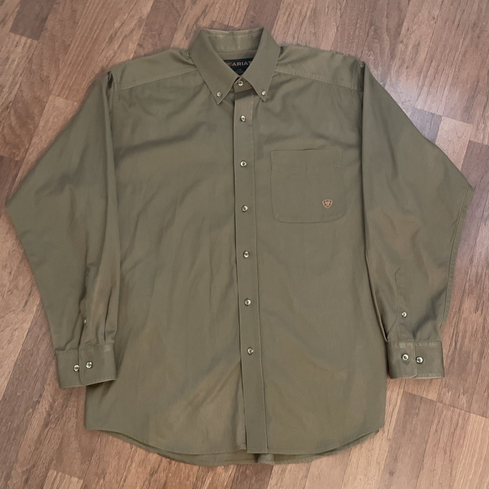 Ariat Shirt Mens Large Dark Green Solid Long Sleeve Button Front Western Cotton